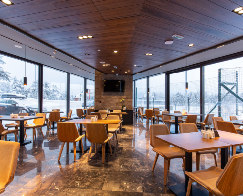 Interior of a modern mountain restaurant